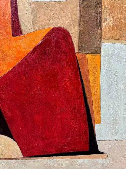 Terracotta and Red Cubist Figure Portrait Wall Art – Abstract Woman Figure Painting