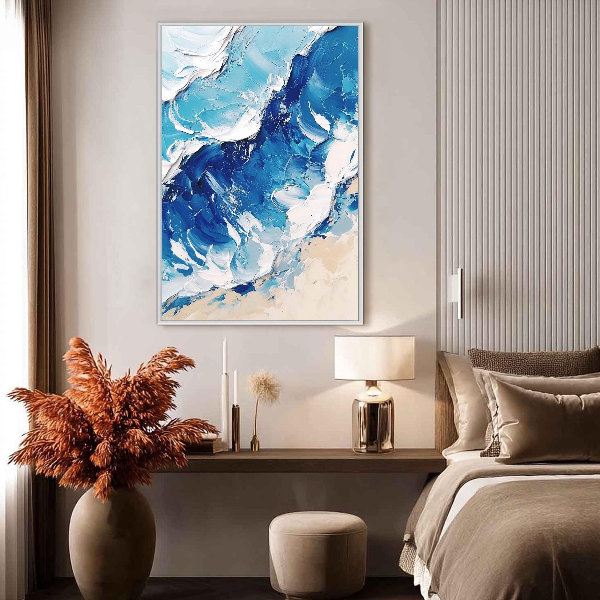 Textured Ocean Wave Oil Painting, Blue White Canvas Wall Art, Living Room Decor – Cobalt and Navy Ocean Wave Seascape Wall Ar
