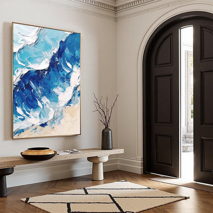 Textured Ocean Wave Oil Painting, Blue White Canvas Wall Art, Living Room Decor – Cobalt and Navy Ocean Wave Seascape Wall Ar