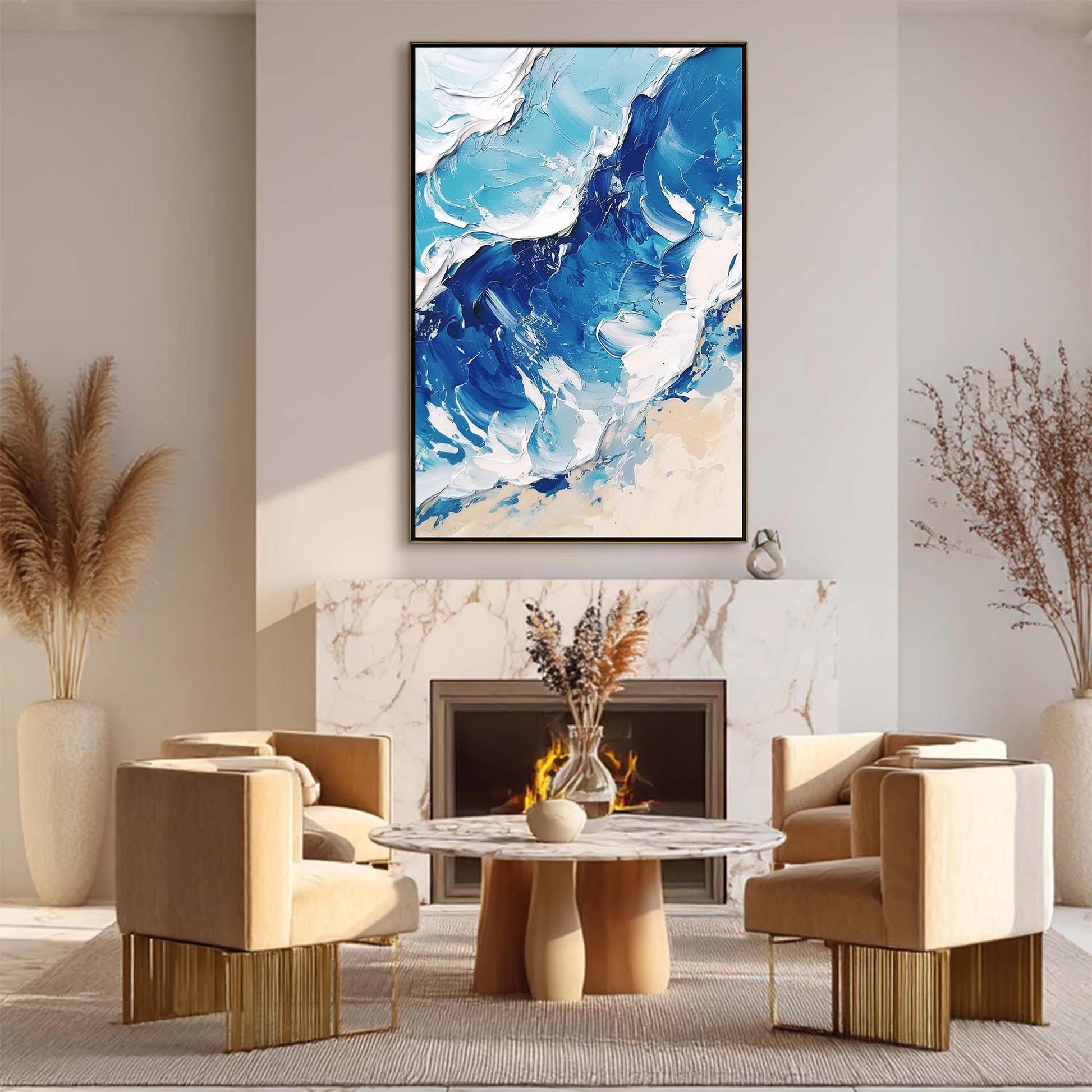 Textured Ocean Wave Oil Painting, Blue White Canvas Wall Art, Living Room Decor – Cobalt and Navy Ocean Wave Seascape Wall Ar
