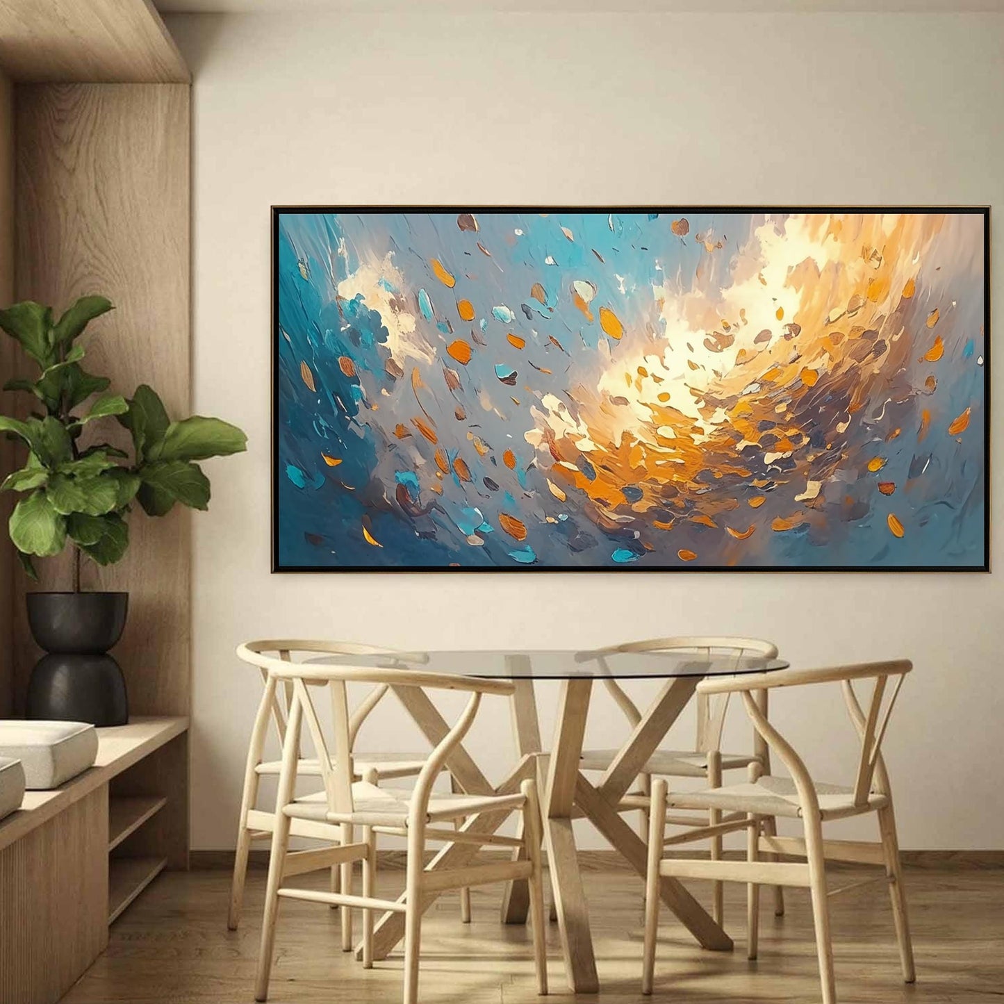 Blue and Orange Abstract Impasto Botanical Leaf Wall Art – Abstract Leaves Oil Painting