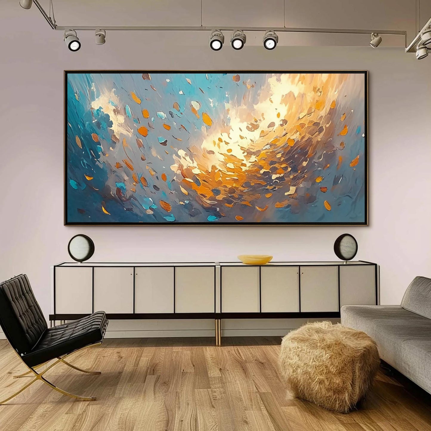 Blue and Orange Abstract Impasto Botanical Leaf Wall Art – Abstract Leaves Oil Painting