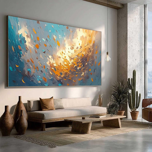 Abstract Leaves Oil Painting, Textured Impasto Art, Large Canvas Wall Decor – Blue and Orange Botanical Leaf Wall Art | Abstr