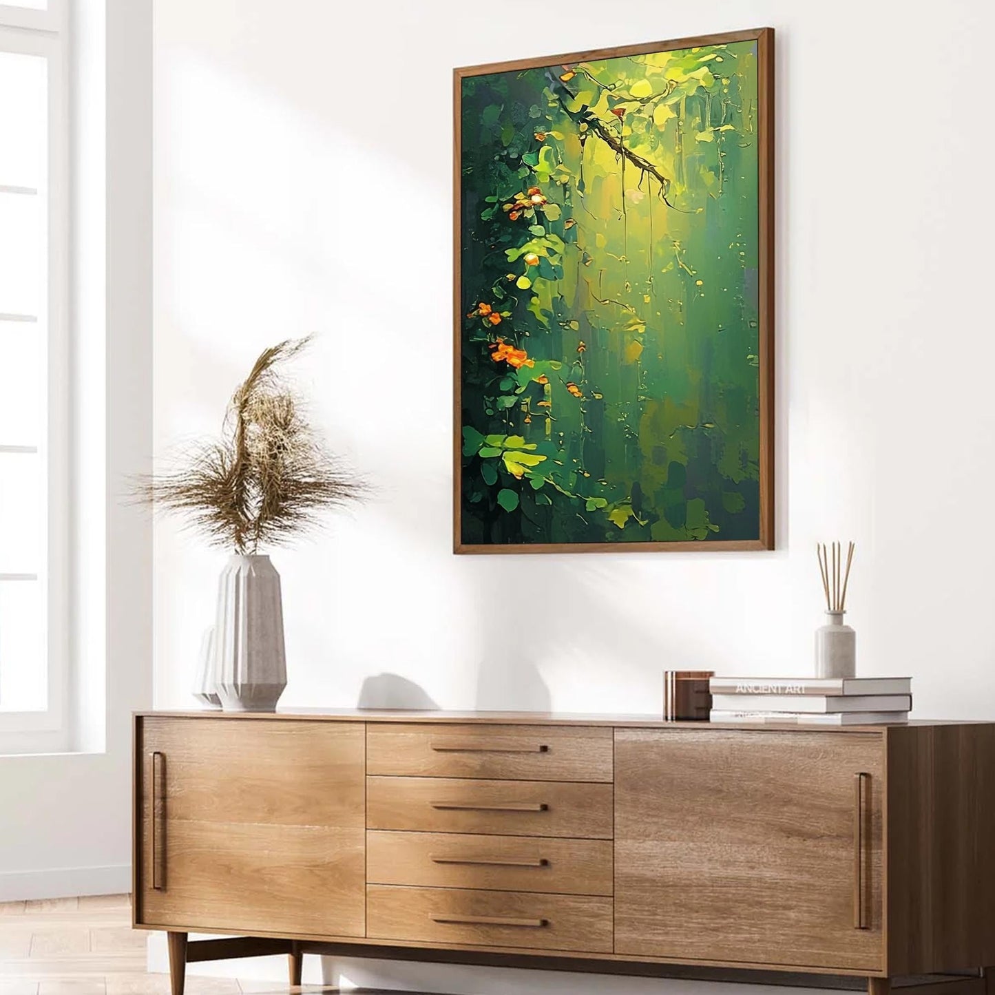 Lush Green – Green and Orange Floral Wall Art | Abstract Oil Painting, view 3