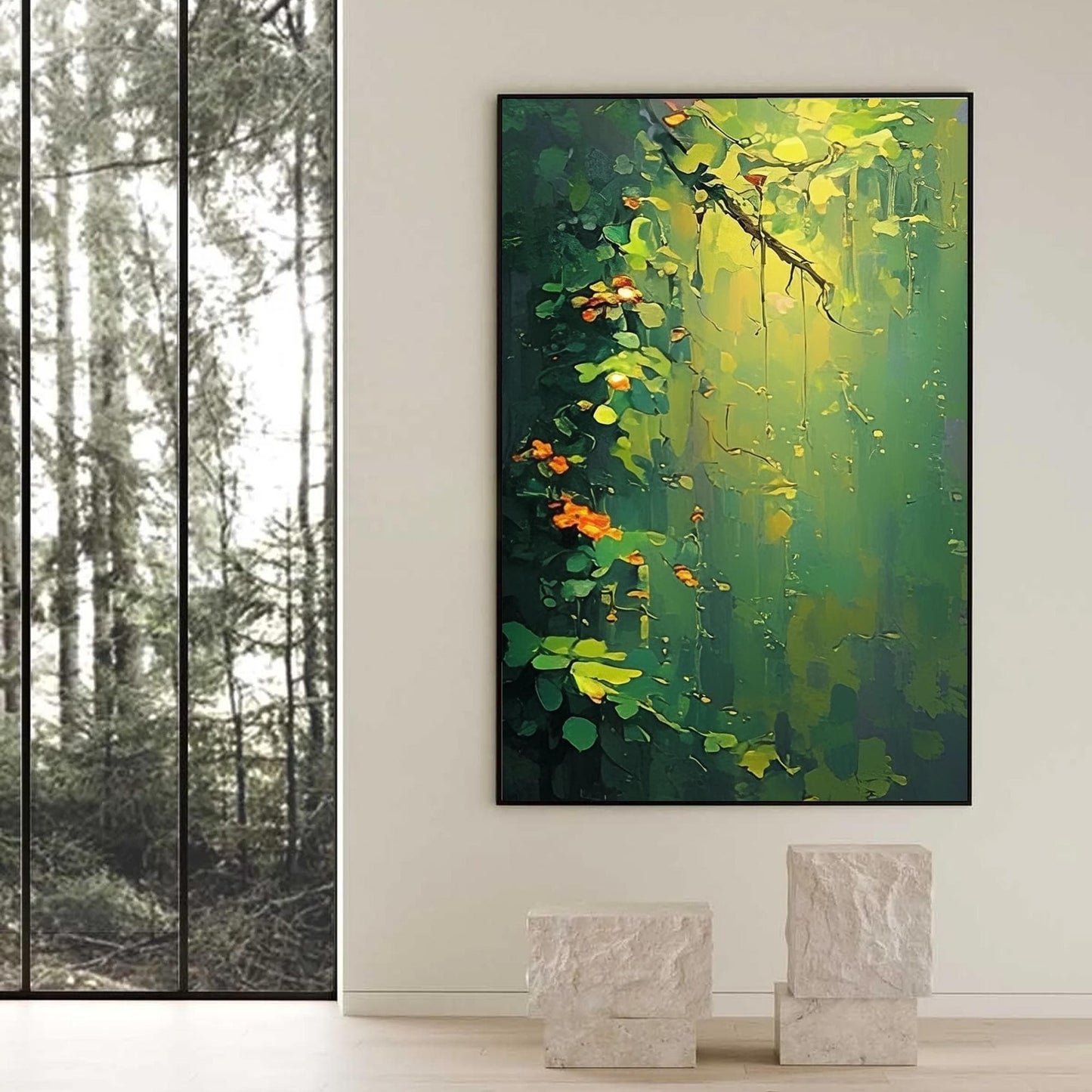 Lush Green – Green and Orange Floral Wall Art | Abstract Oil Painting, view 4