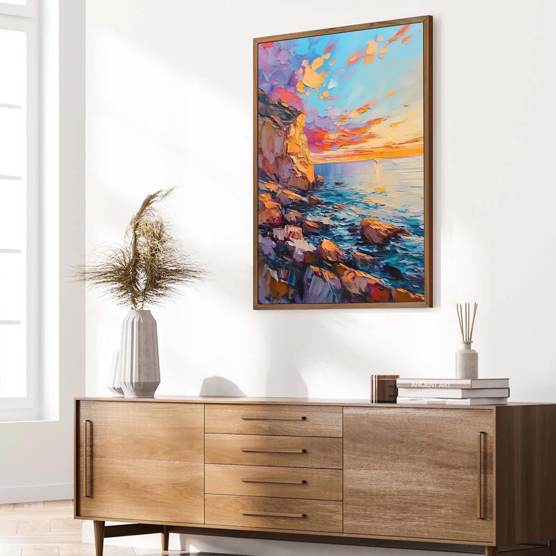 Textured Seascape Oil Painting, Vibrant Sunset Cliffs, Rocky Shoreline, Orange Blue Palette – Blue and Orange Shoreline Seasc