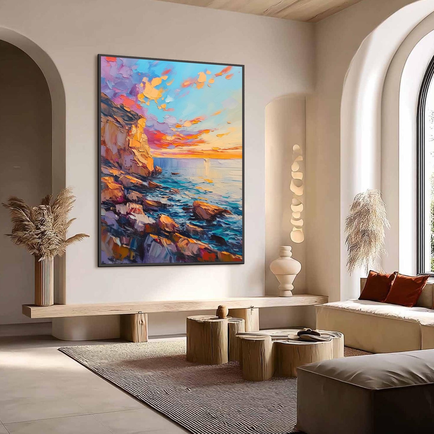 Textured Seascape Oil Painting, Vibrant Sunset Cliffs, Rocky Shoreline, Orange Blue Palette – Blue and Orange Shoreline Seasc