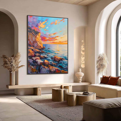 Textured Seascape Oil Painting, Vibrant Sunset Cliffs, Rocky Shoreline, Orange Blue Palette – Blue and Orange Shoreline Seasc