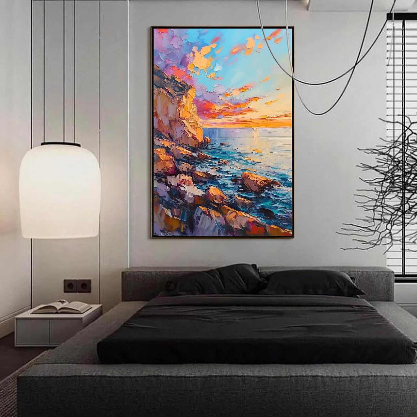 Textured Seascape Oil Painting, Vibrant Sunset Cliffs, Rocky Shoreline, Orange Blue Palette – Blue and Orange Shoreline Seasc