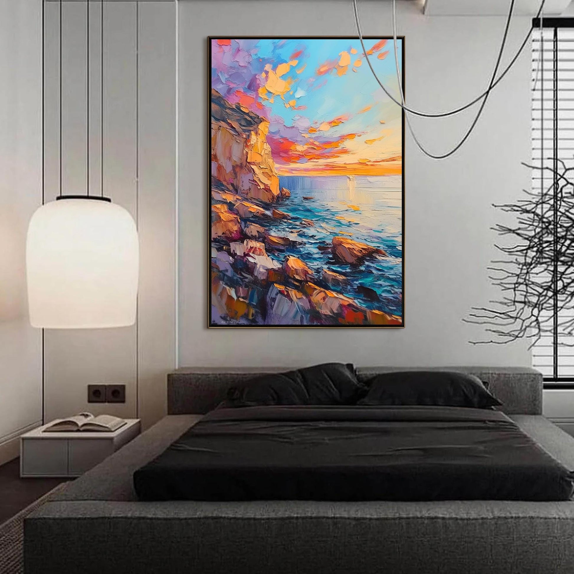 Textured Seascape Oil Painting, Vibrant Sunset Cliffs, Rocky Shoreline, Orange Blue Palette – Blue and Orange Shoreline Seasc