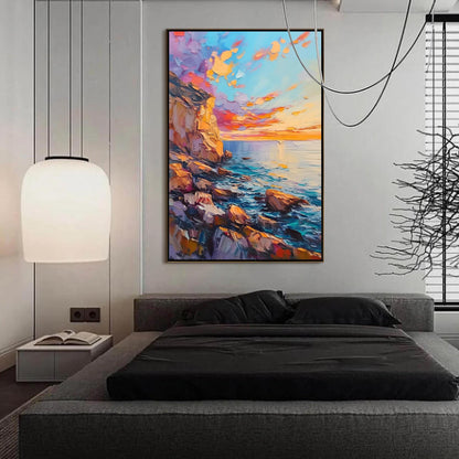 Textured Seascape Oil Painting, Vibrant Sunset Cliffs, Rocky Shoreline, Orange Blue Palette – Blue and Orange Shoreline Seasc