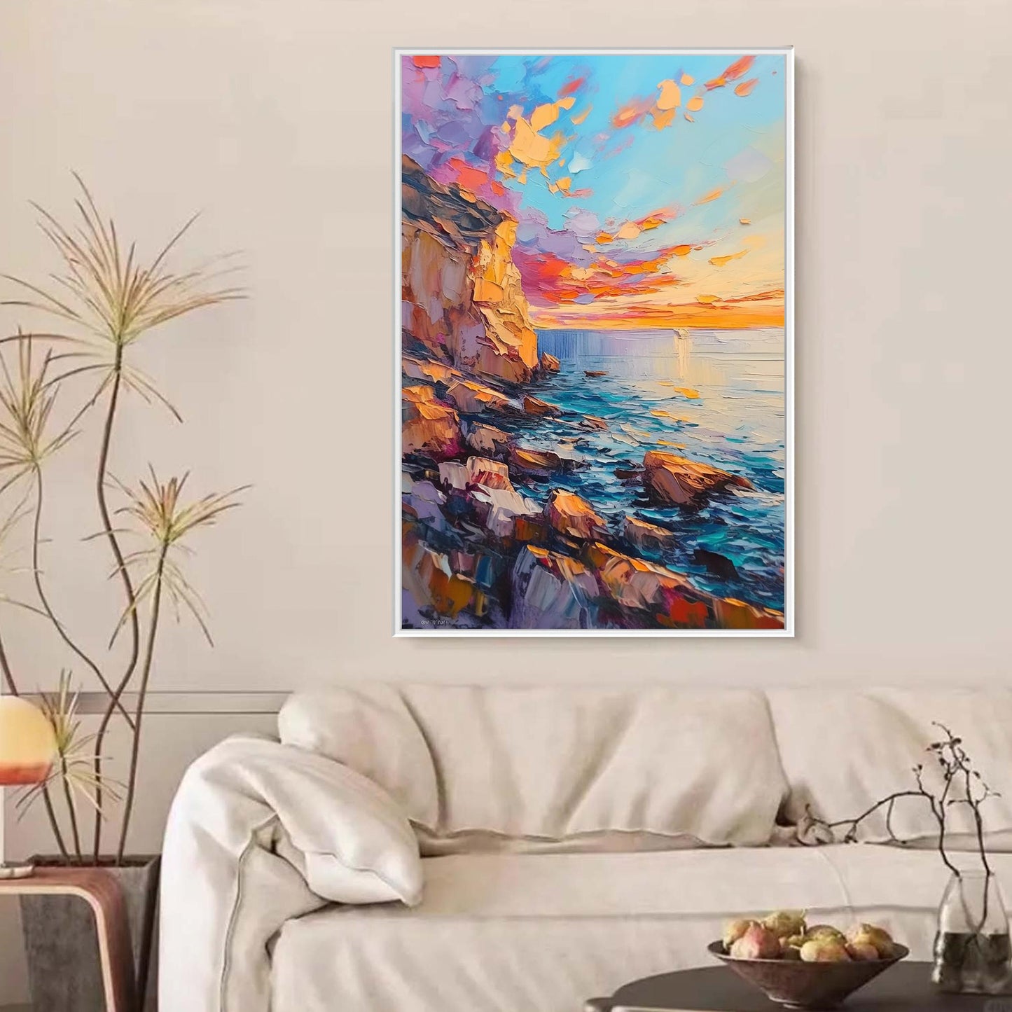 Blue and Orange Impasto Shoreline Seascape Wall Art