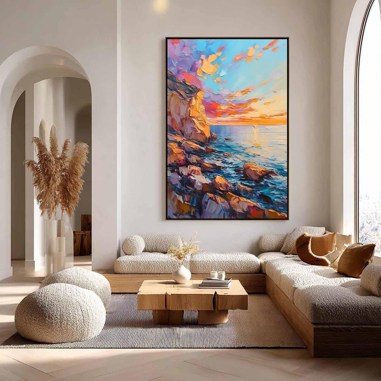Blue and Orange Impasto Shoreline Seascape Wall Art