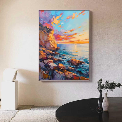 Textured Seascape Oil Painting, Vibrant Sunset Cliffs, Rocky Shoreline, Orange Blue Palette – Blue and Orange Shoreline Seasc