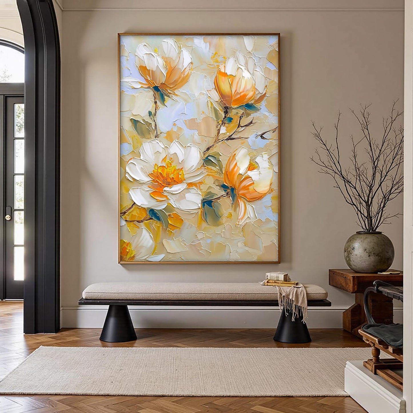 Blue and Green Impasto Floral Wall Art – Original Oil Painting
