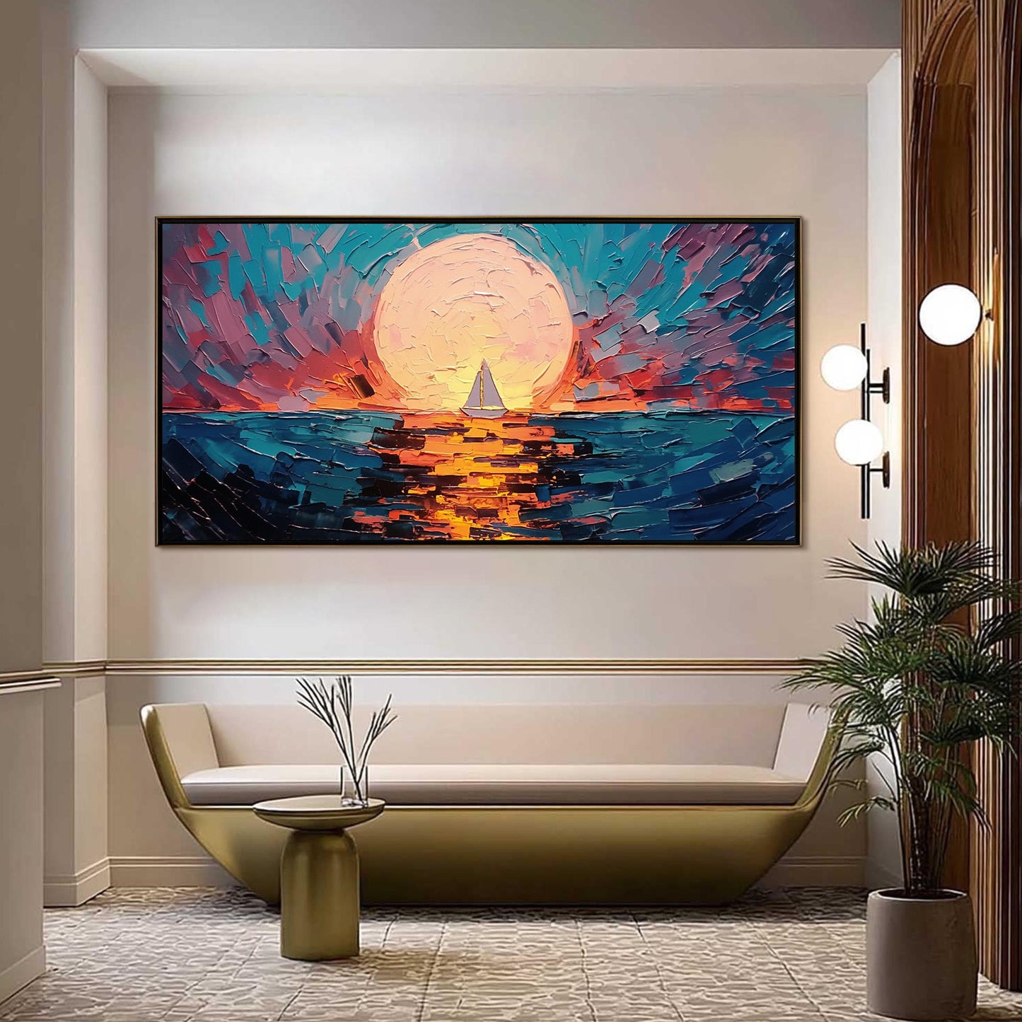Textured Impasto Sunset Sailboat Oil Painting – Abstract Wall Art