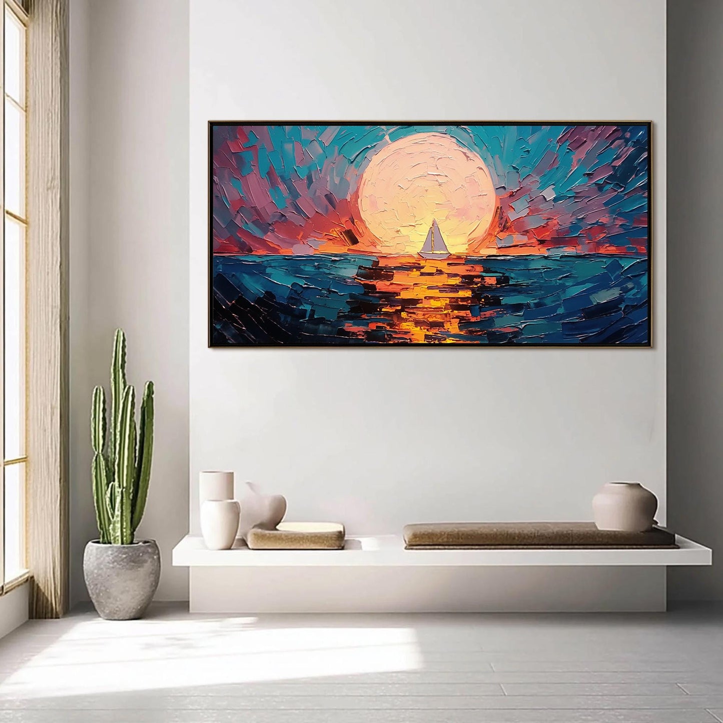 Textured Impasto Sunset Sailboat Oil Painting – Abstract Wall Art
