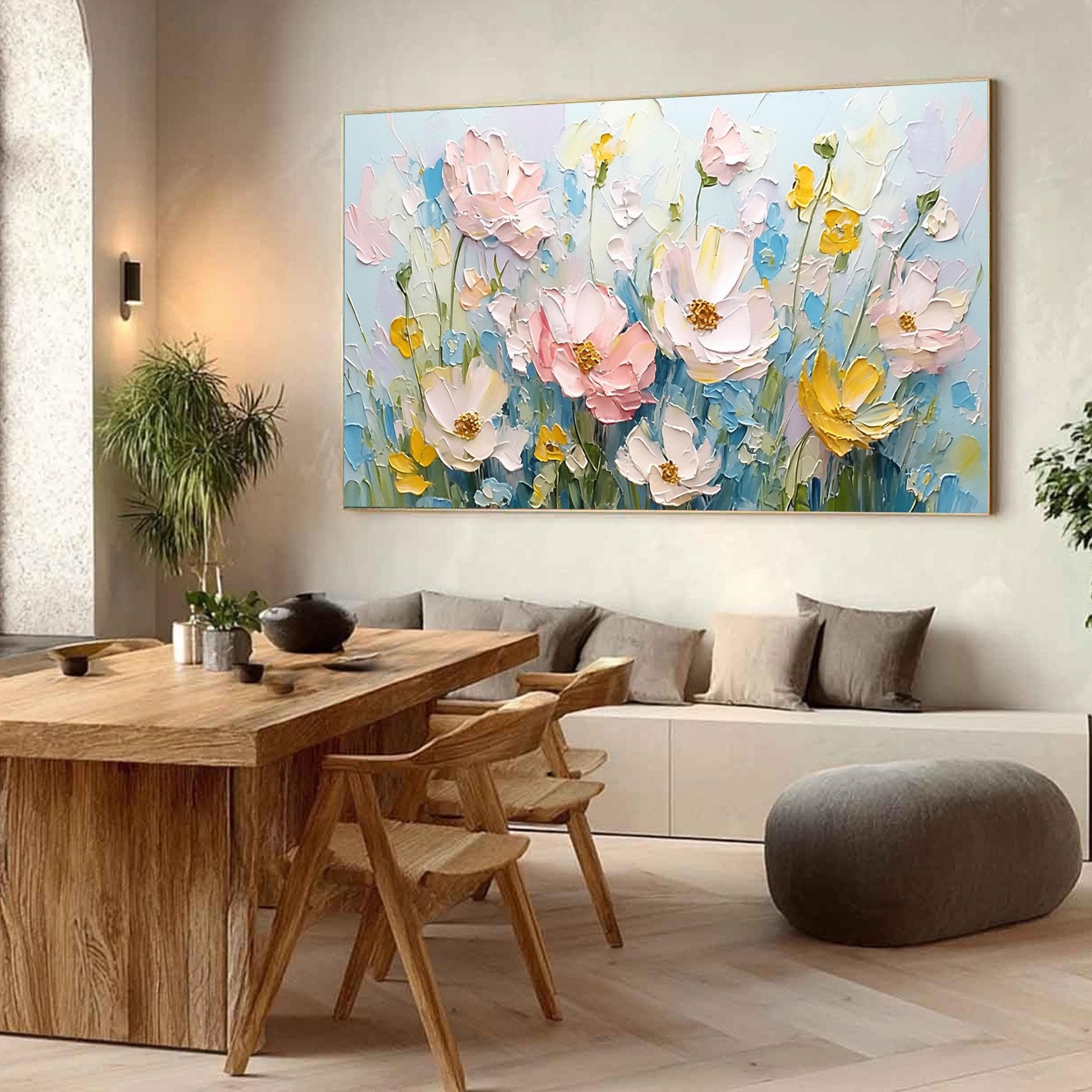 Textured Floral Oil Painting, Soft Blue Blossoms Canvas Wall Art – Blue Floral Wall Art | Abstract Textured Oil Painting, vie