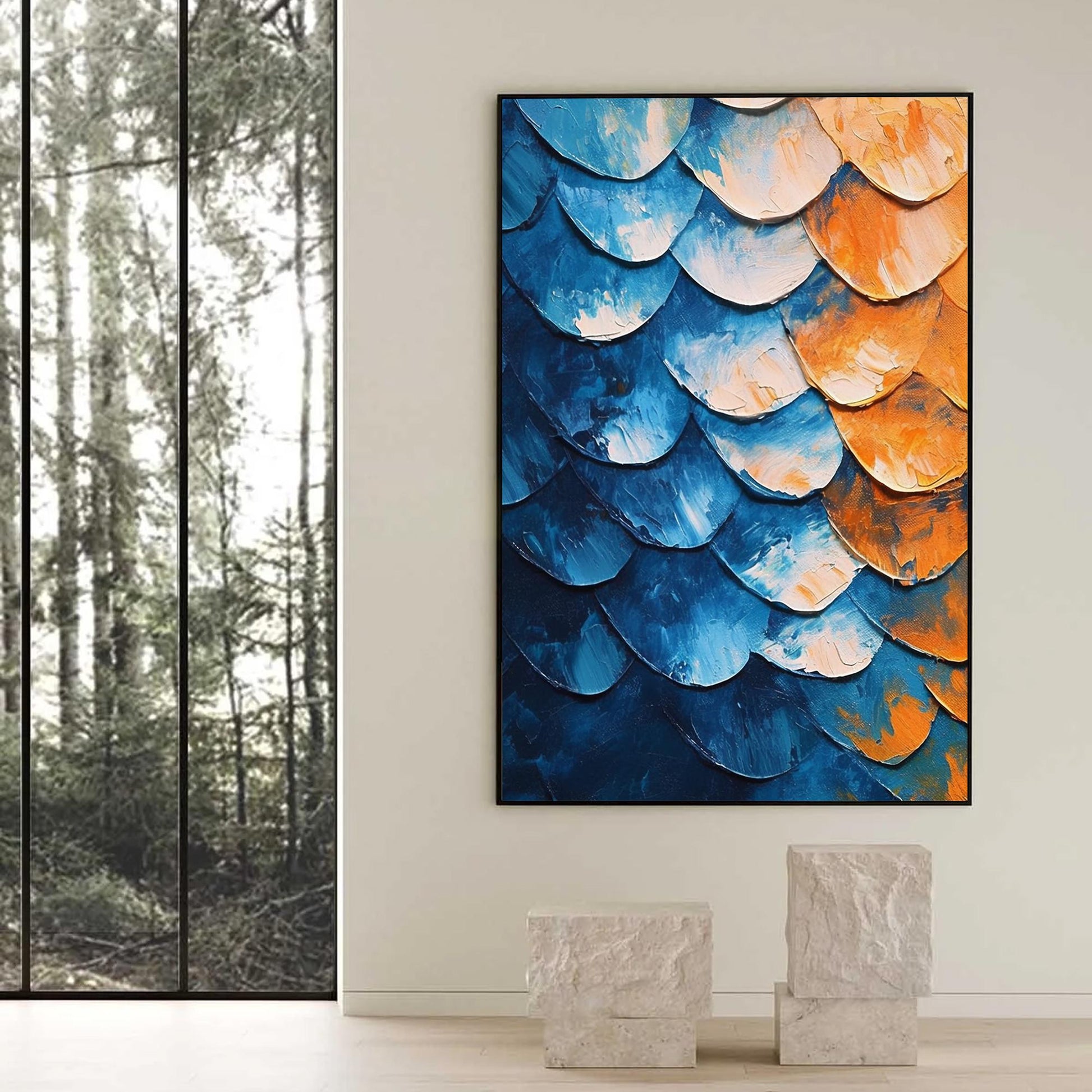 Textured Abstract Oil Painting, Blue Orange Scaled Canvas Art, Contemporary Living Room Decor – Blue and Orange Abstract Wall