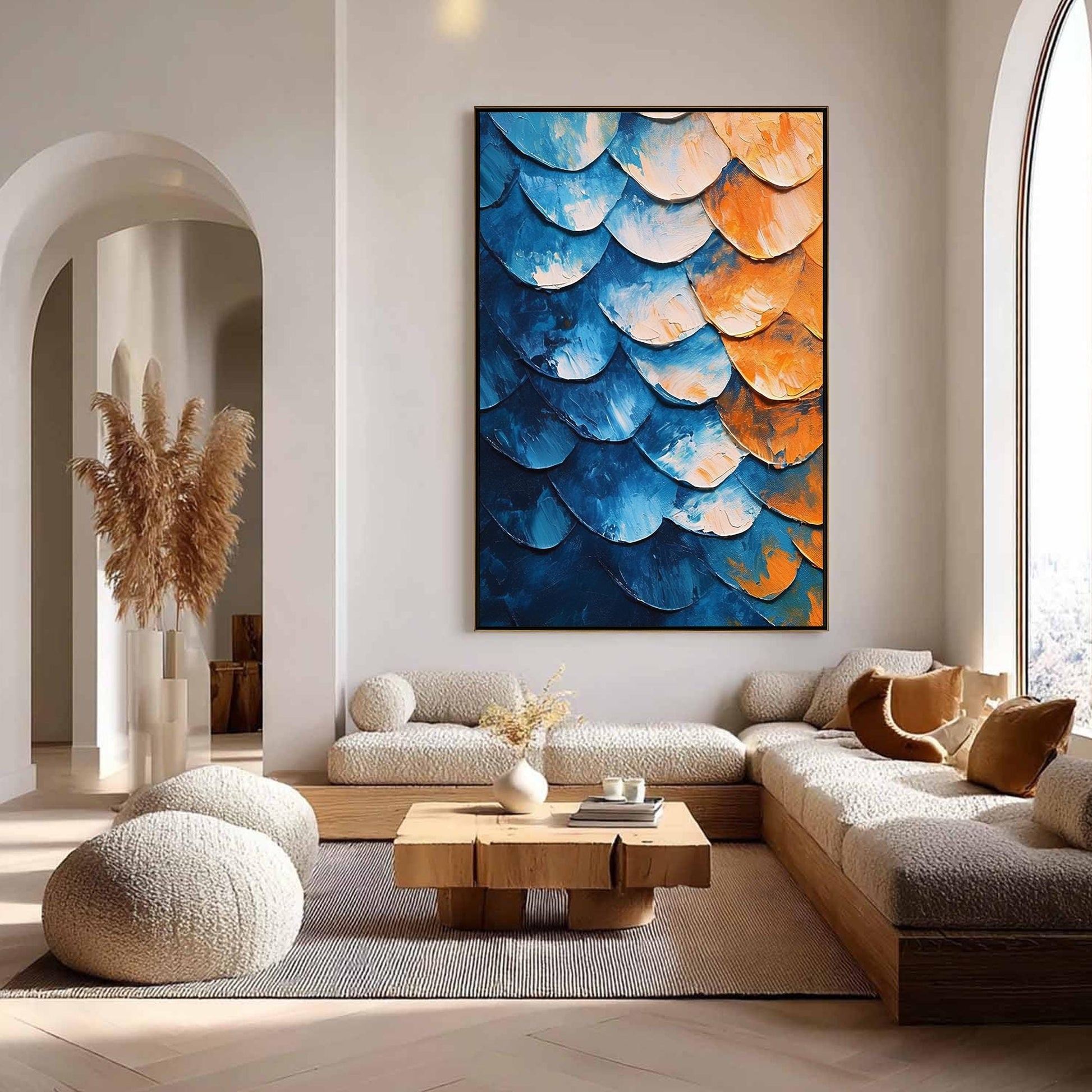 Textured Abstract Oil Painting, Blue Orange Scaled Canvas Art, Contemporary Living Room Decor – Blue and Orange Abstract Wall