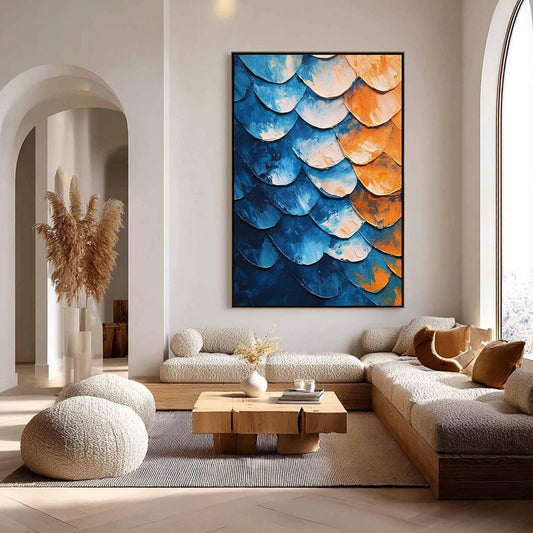 Textured Abstract Oil Painting, Blue Orange Scaled Canvas Art, Contemporary Living Room Decor – Blue and Orange Abstract Wall