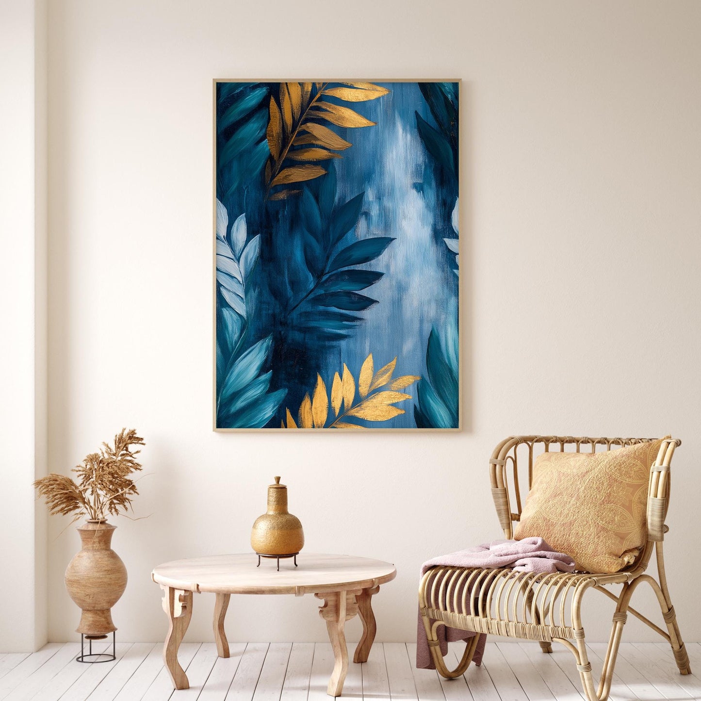 Teal and Gold Abstract Botanical Leaf Wall Art – Gold and Teal Leaf Oil Painting