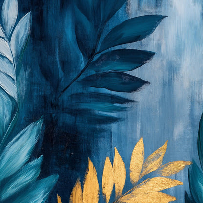 Teal and Gold Abstract Botanical Leaf Wall Art – Gold and Teal Leaf Oil Painting