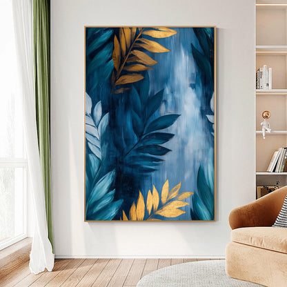 Gold and Teal Leaf – Teal and Gold Botanical Leaf Wall Art | Abstract Oil Painting, view 4