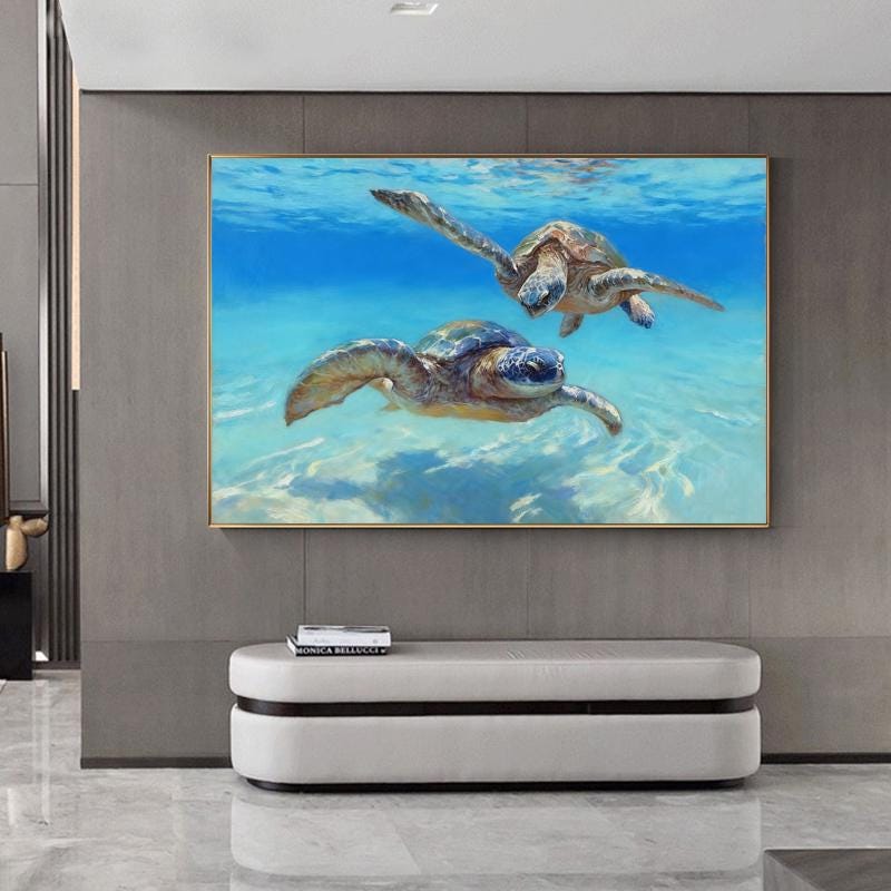 Hand Painted Sea Turtle Oil Painting on Canvas, Large Impressionist Marine Turtle Canvas Wall Art, Original Animal Wall Art for Living Room