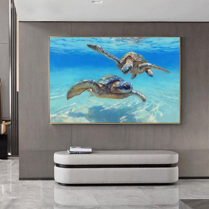 Hand Painted Sea Turtle Oil Painting on Canvas, Large Impressionist Marine Turtle Canvas Wall Art, Original Animal Wall Art for Living Room