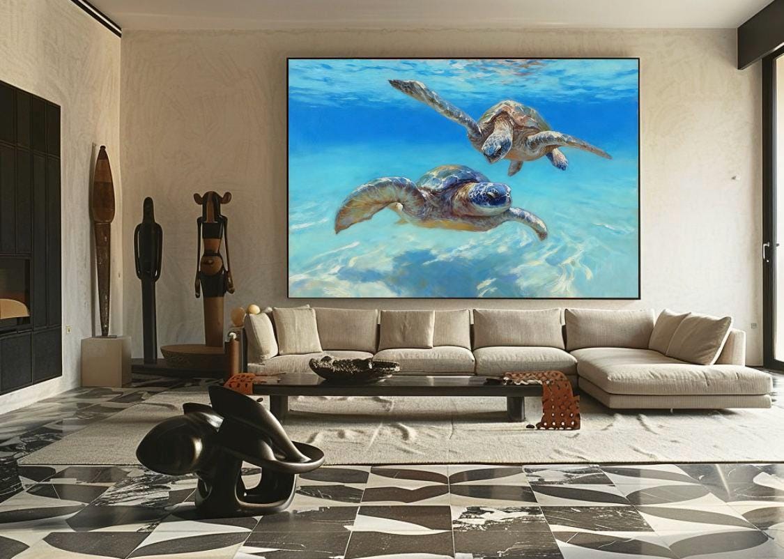 Hand Painted Sea Turtle Oil Painting on Canvas, Large Impressionist Marine Turtle Canvas Wall Art, Original Animal Wall Art for Living Room