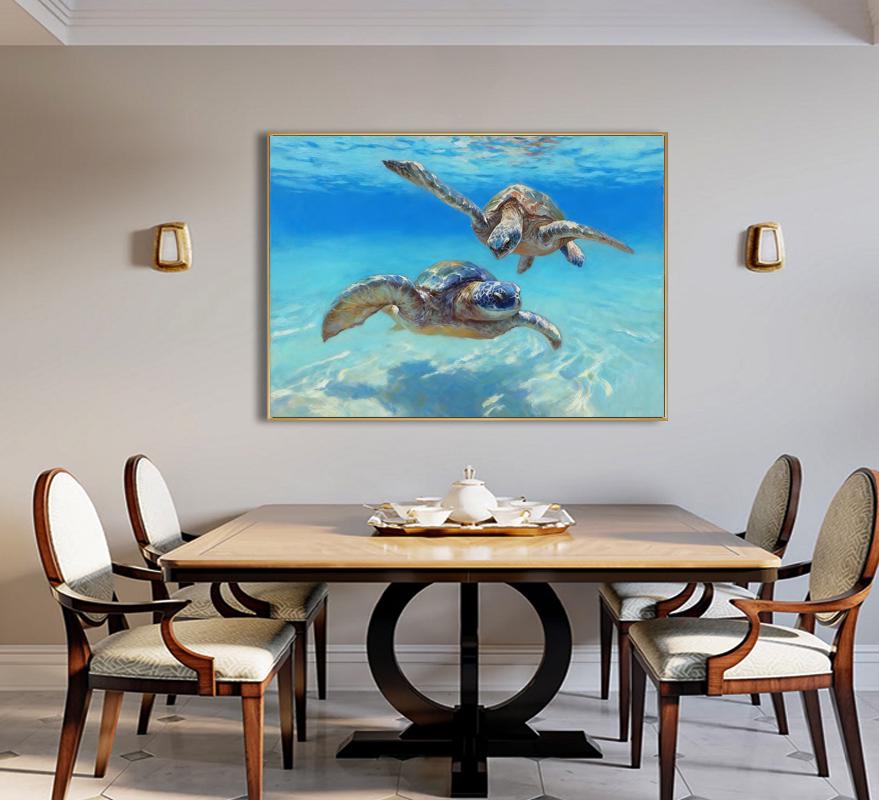 Hand Painted Sea Turtle Oil Painting on Canvas, Large Impressionist Marine Turtle Canvas Wall Art, Original Animal Wall Art for Living Room