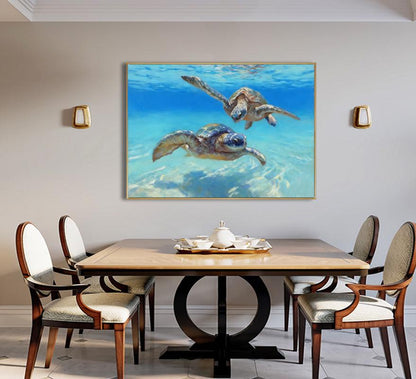 Hand Painted Sea Turtle Oil Painting on Canvas, Large Impressionist Marine Turtle Canvas Wall Art, Original Animal Wall Art for Living Room