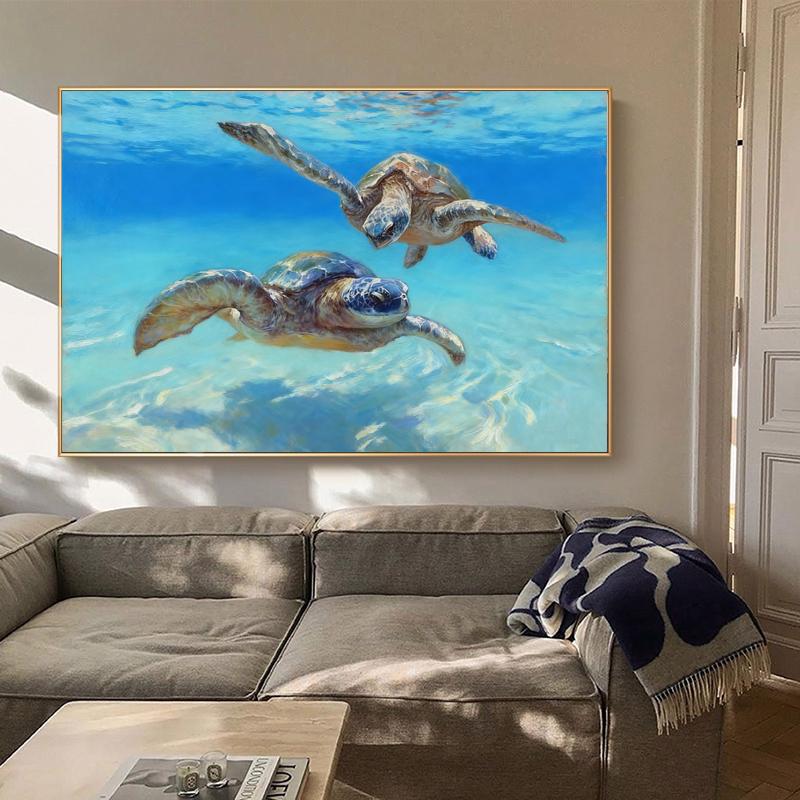 Hand Painted Sea Turtle Oil Painting on Canvas, Large Impressionist Marine Turtle Canvas Wall Art, Original Animal Wall Art for Living Room