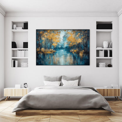 Textured Golden Autumn Lake Oil Painting, Forest Reflection Art – Gold Lake Landscape Wall Art | Textured Oil Painting, view 