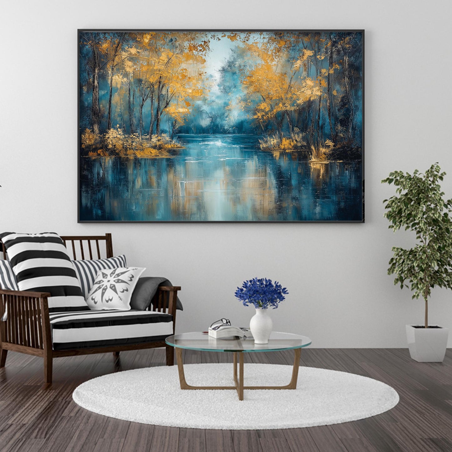 Gold Textured Lake Landscape Wall Art – Autumn Forest Reflection Oil Painting