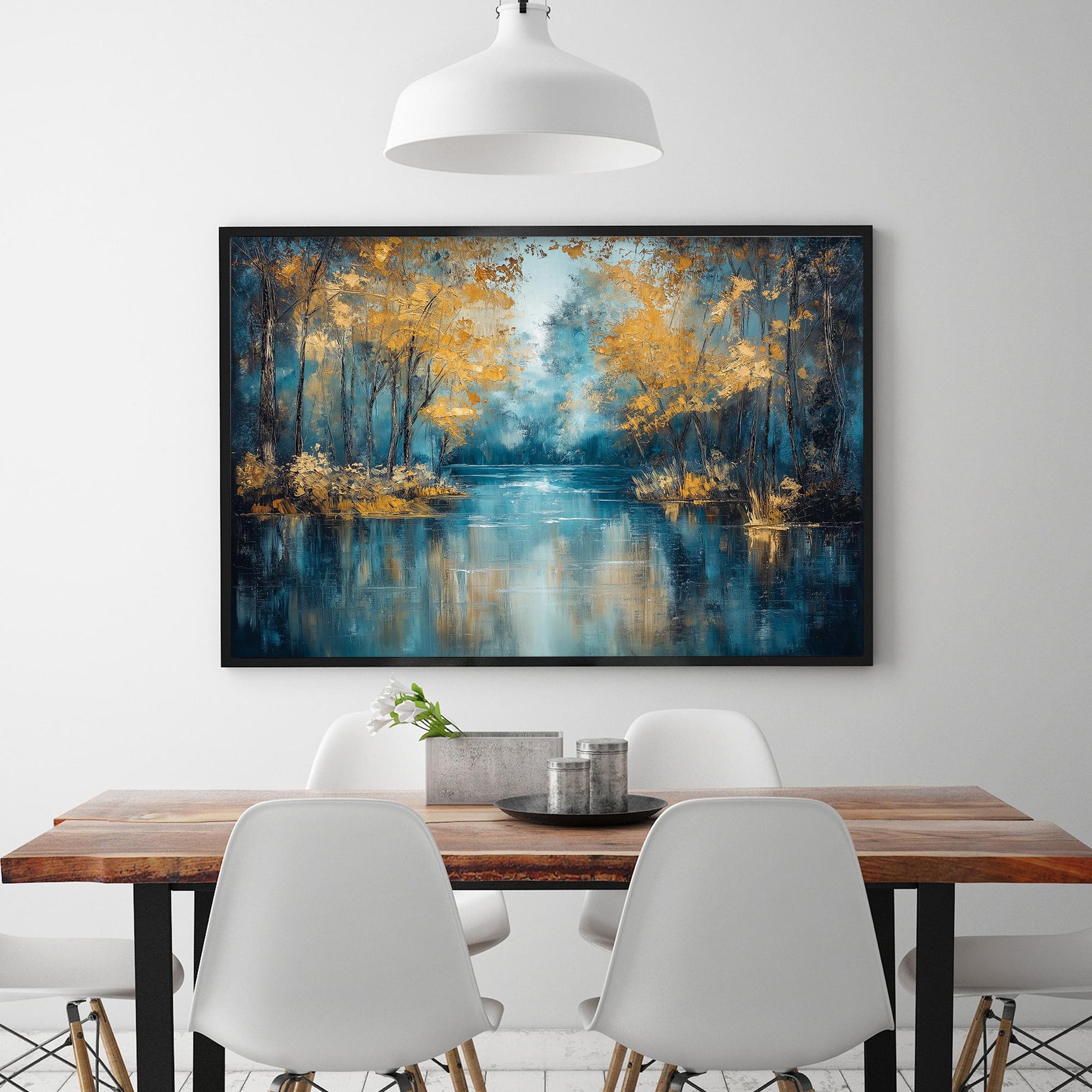 Textured Golden Autumn Lake Oil Painting, Forest Reflection Art – Gold Lake Landscape Wall Art | Textured Oil Painting, view 