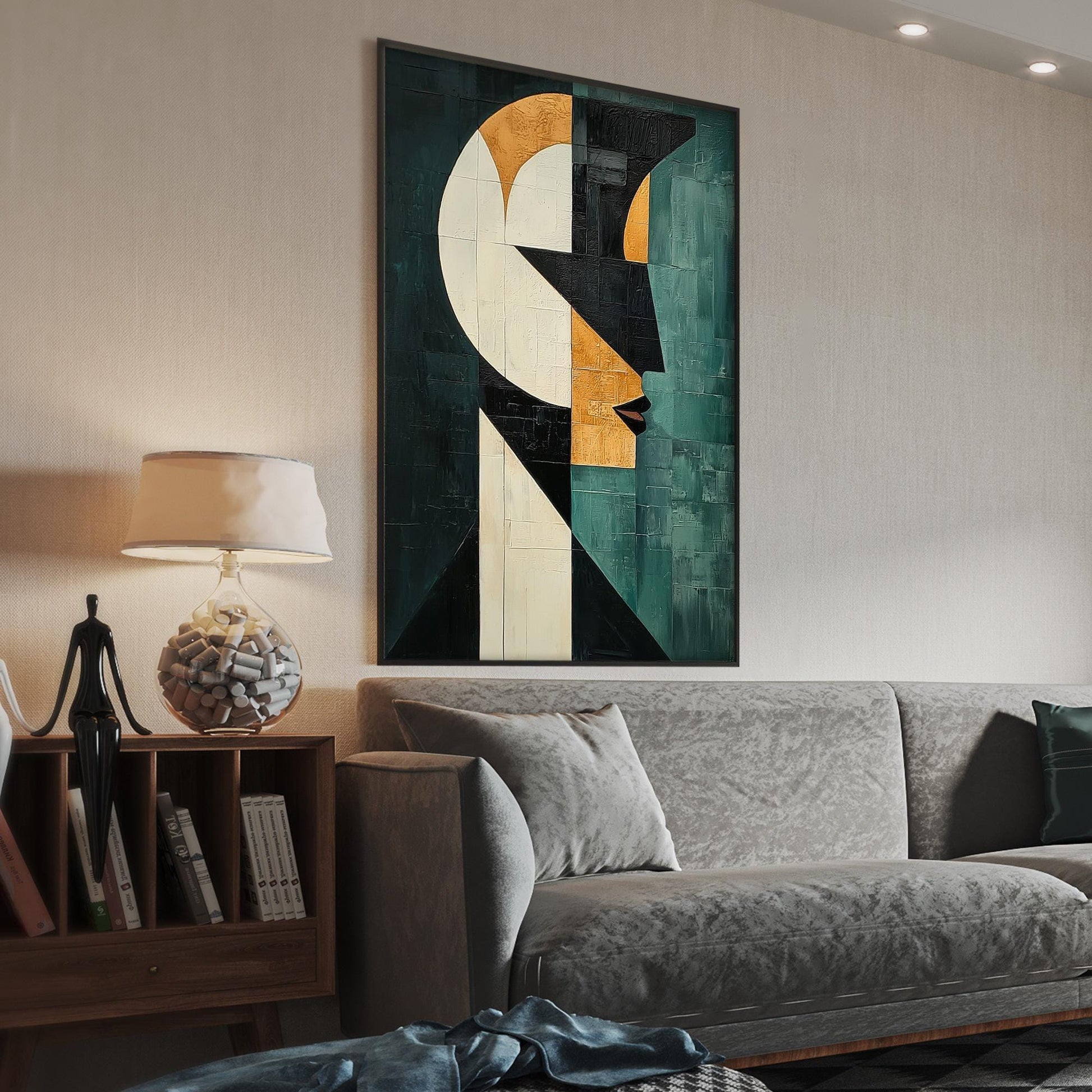 Geometric – Teal and Gold Face Figure Portrait Wall Art | Abstract Oil Painting, view 2