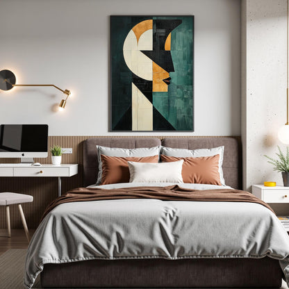 Geometric – Teal and Gold Face Figure Portrait Wall Art | Abstract Oil Painting, view 5