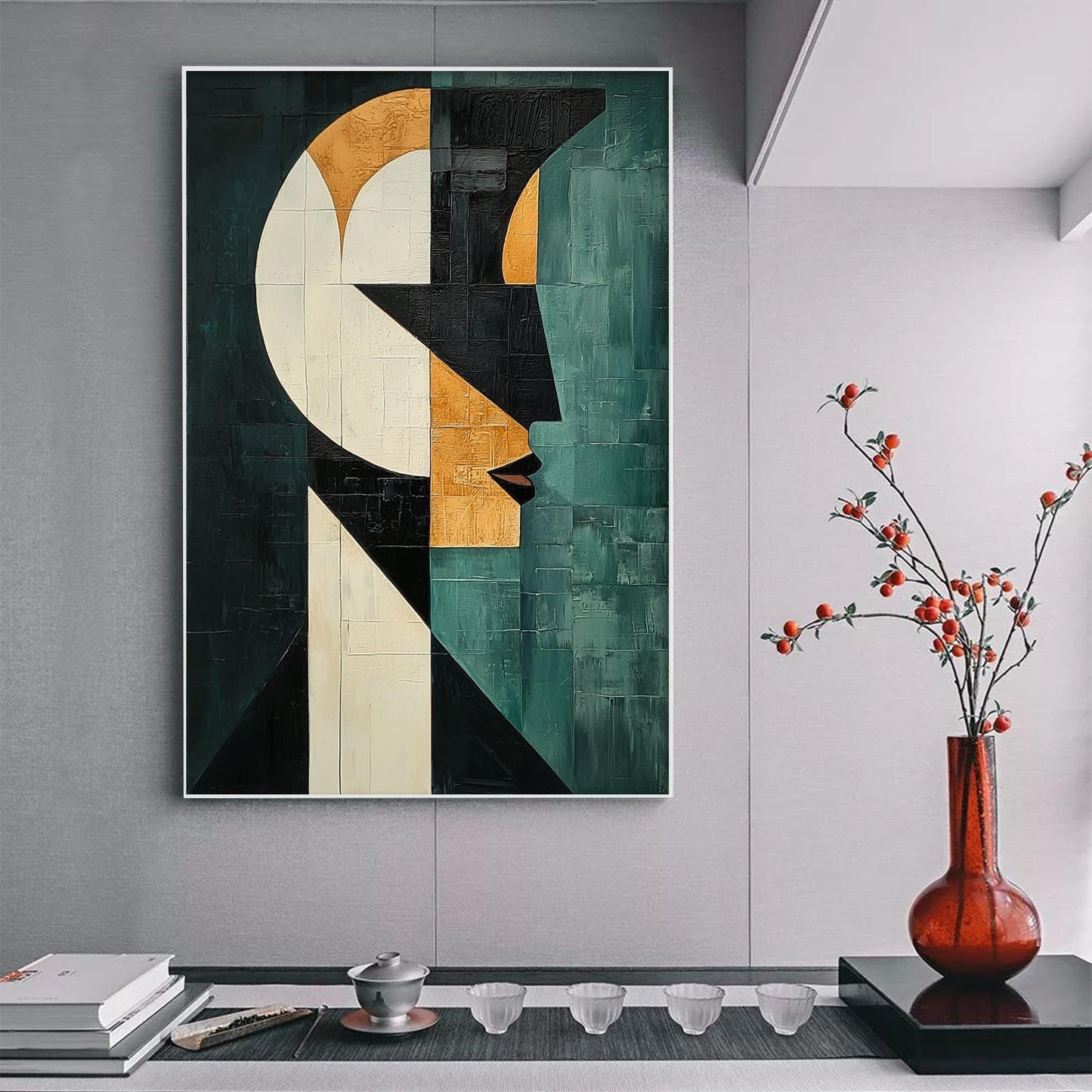 Geometric – Teal and Gold Face Figure Portrait Wall Art | Abstract Oil Painting, view 4