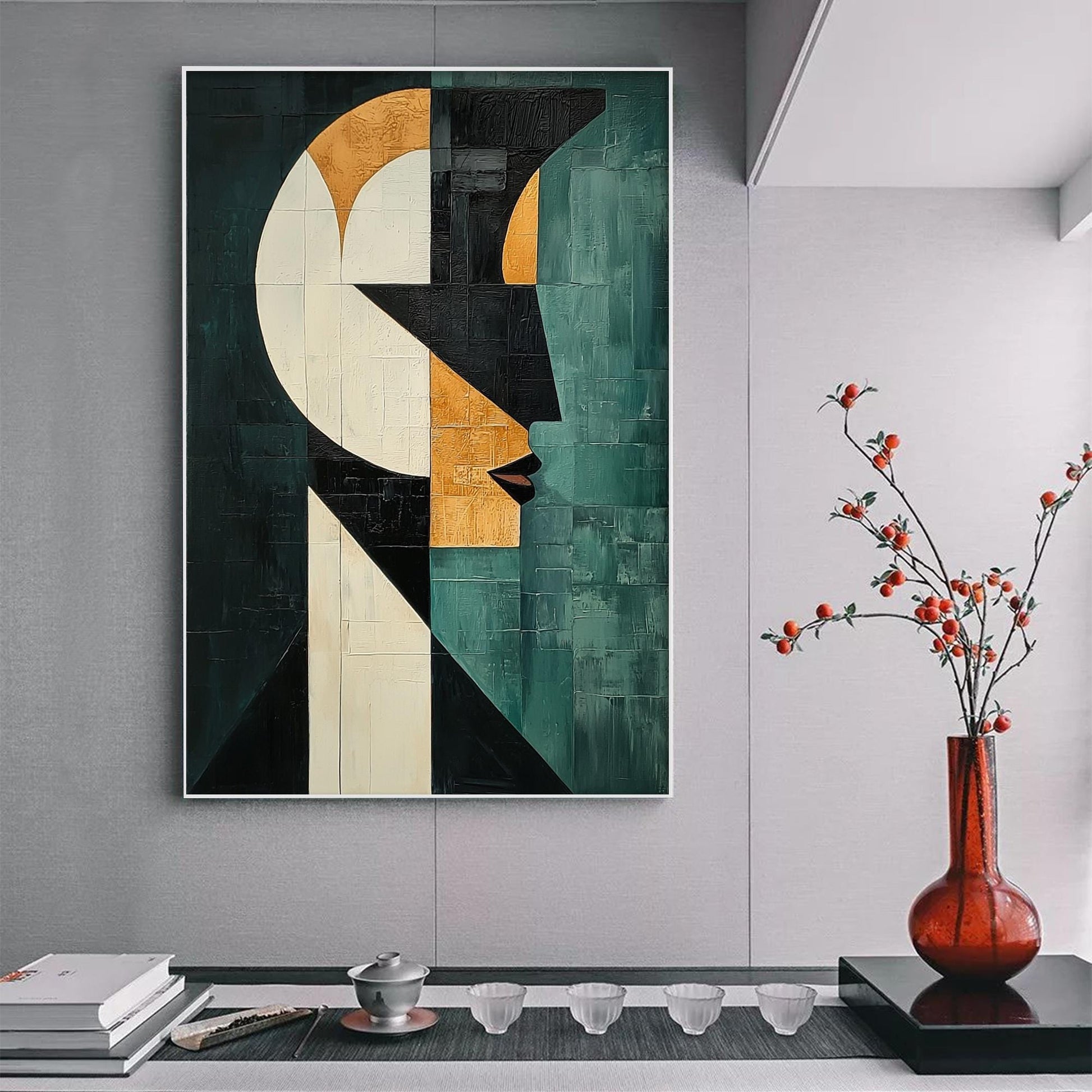 Geometric – Teal and Gold Face Figure Portrait Wall Art | Abstract Oil Painting, view 4