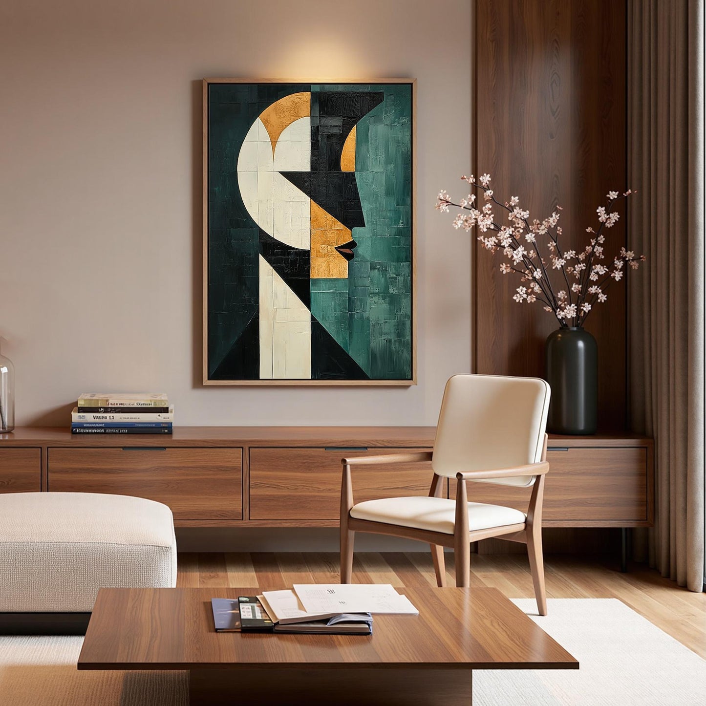 Teal and Gold Abstract Face Figure Portrait Wall Art – Geometric Oil Painting