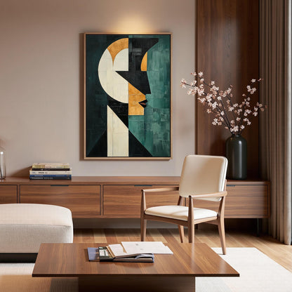 Teal and Gold Abstract Face Figure Portrait Wall Art – Geometric Oil Painting