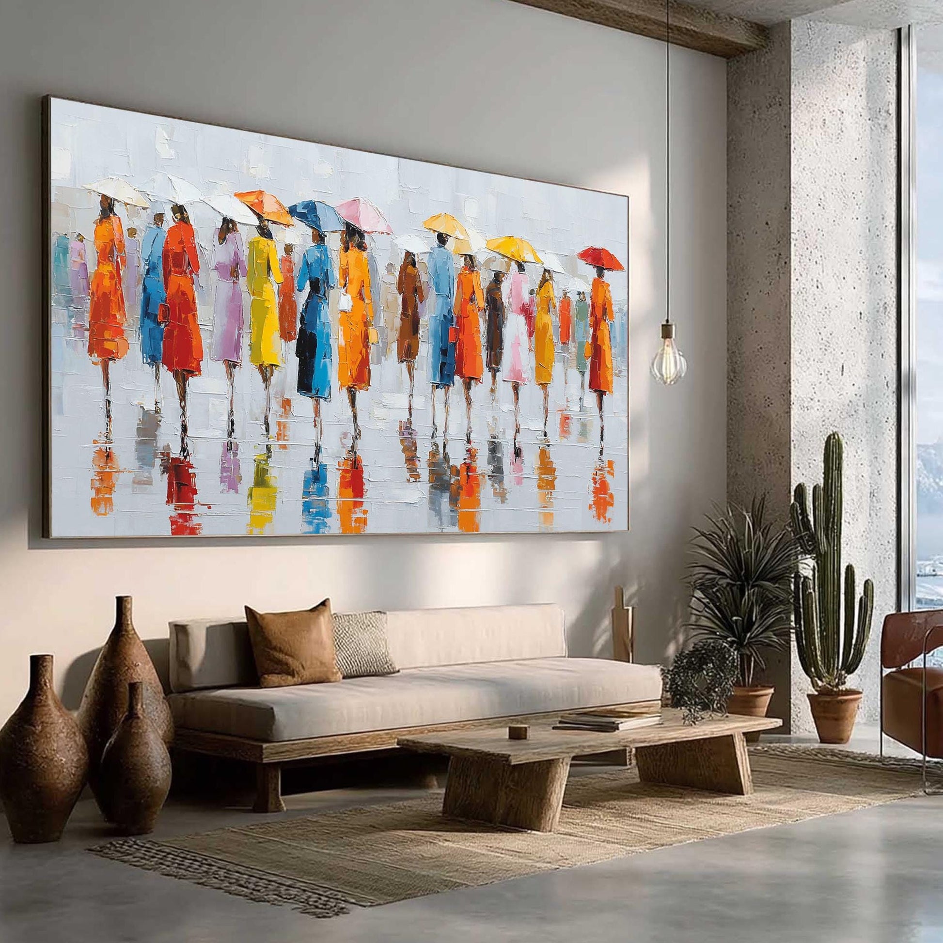 Colorful Umbrella Painting, Textured Impasto Rain Art, Modern Living Room Canvas – Colorful Abstract 3D Texture Wall Art | Im