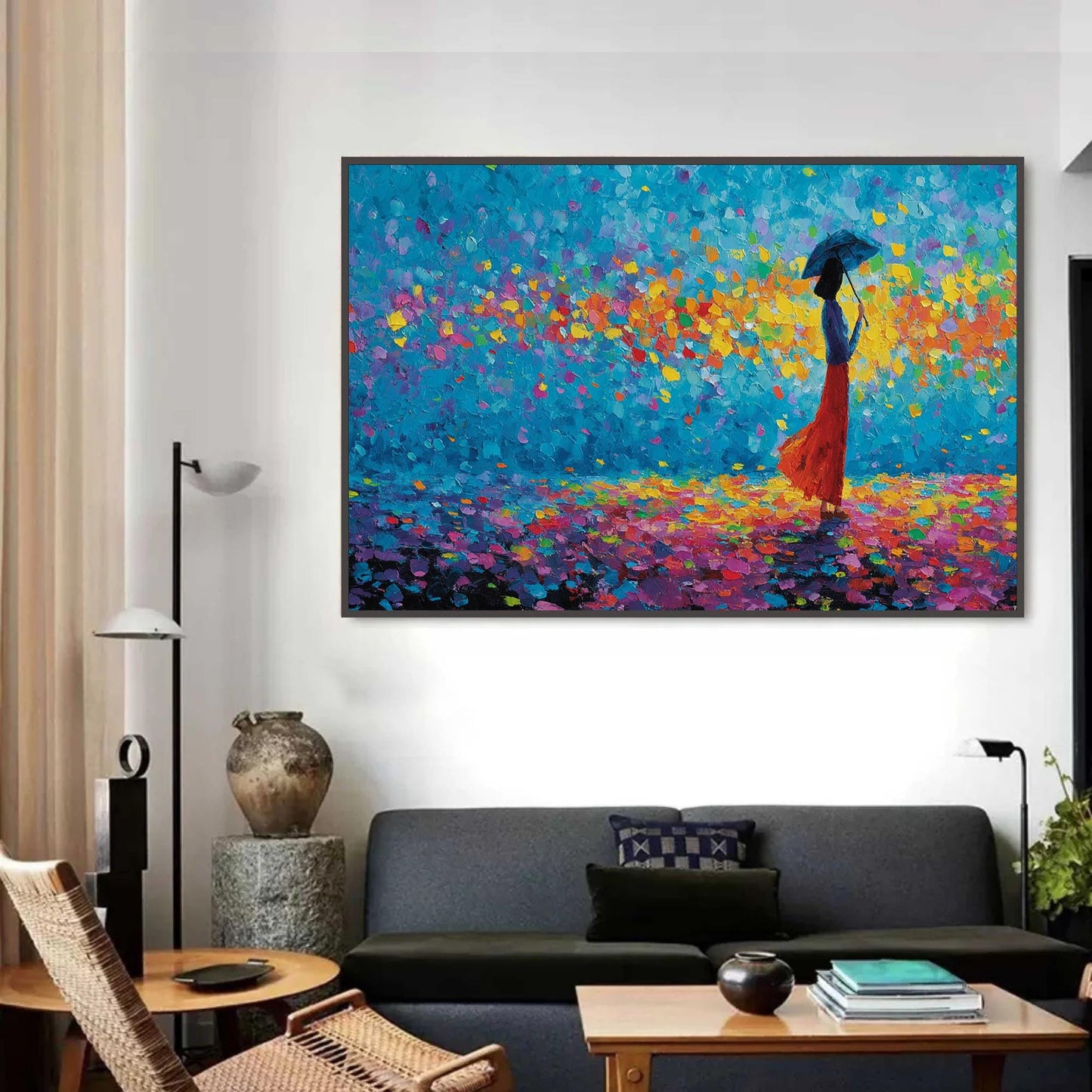 Textured Impasto Painting, Woman with Umbrella, Colorful Petals Canvas Wall Decor – Colorful Figurative Figure Portrait Wall 