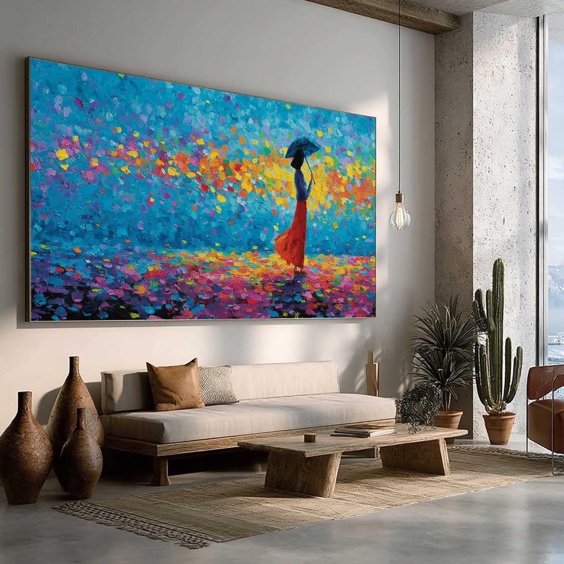 Textured Impasto Painting, Woman with Umbrella, Colorful Petals Canvas Wall Decor – Colorful Figurative Figure Portrait Wall 