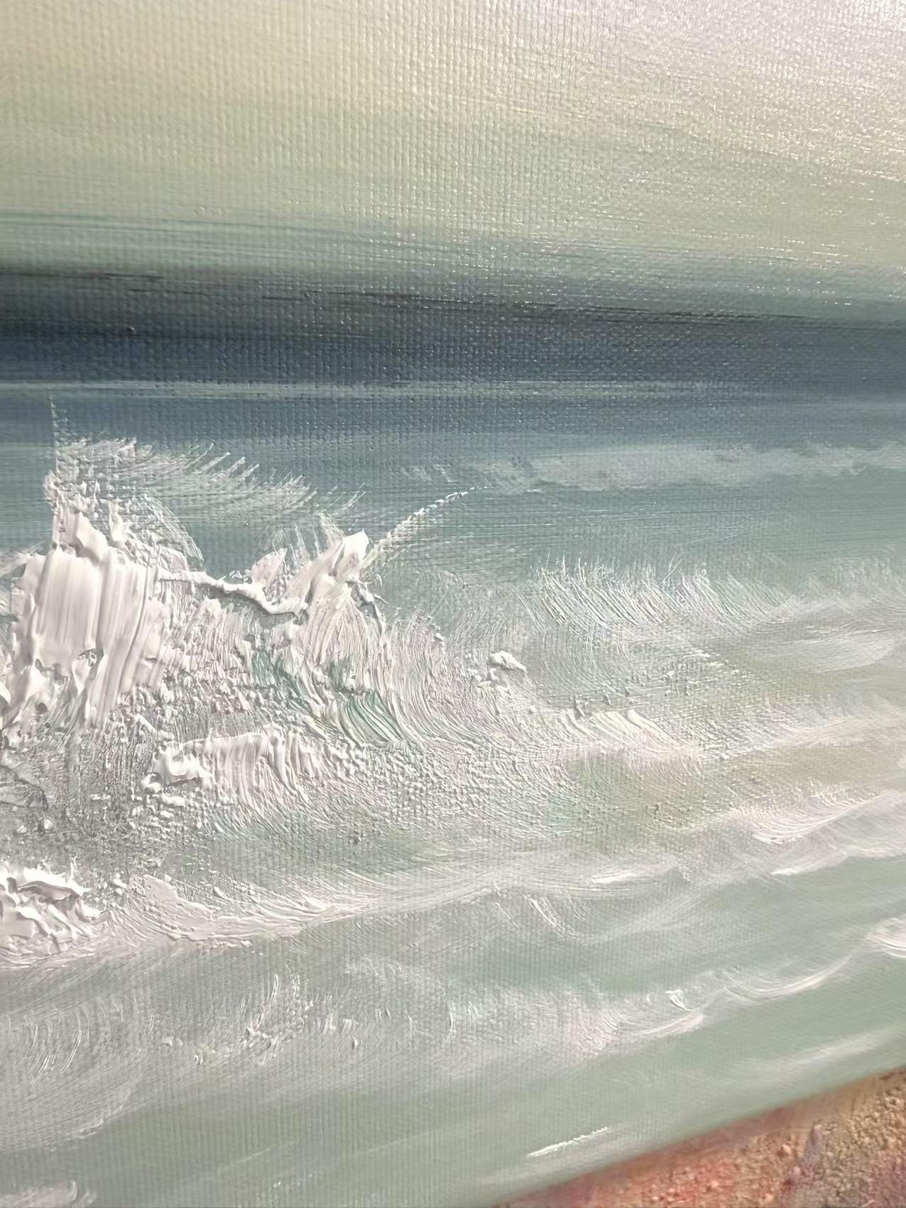Blue and White Abstract Beach Seascape Wall Art – Sandy Beach Oil Painting