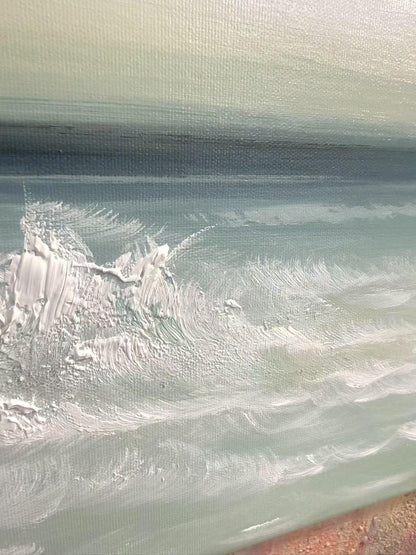 Blue and White Abstract Beach Seascape Wall Art – Sandy Beach Oil Painting