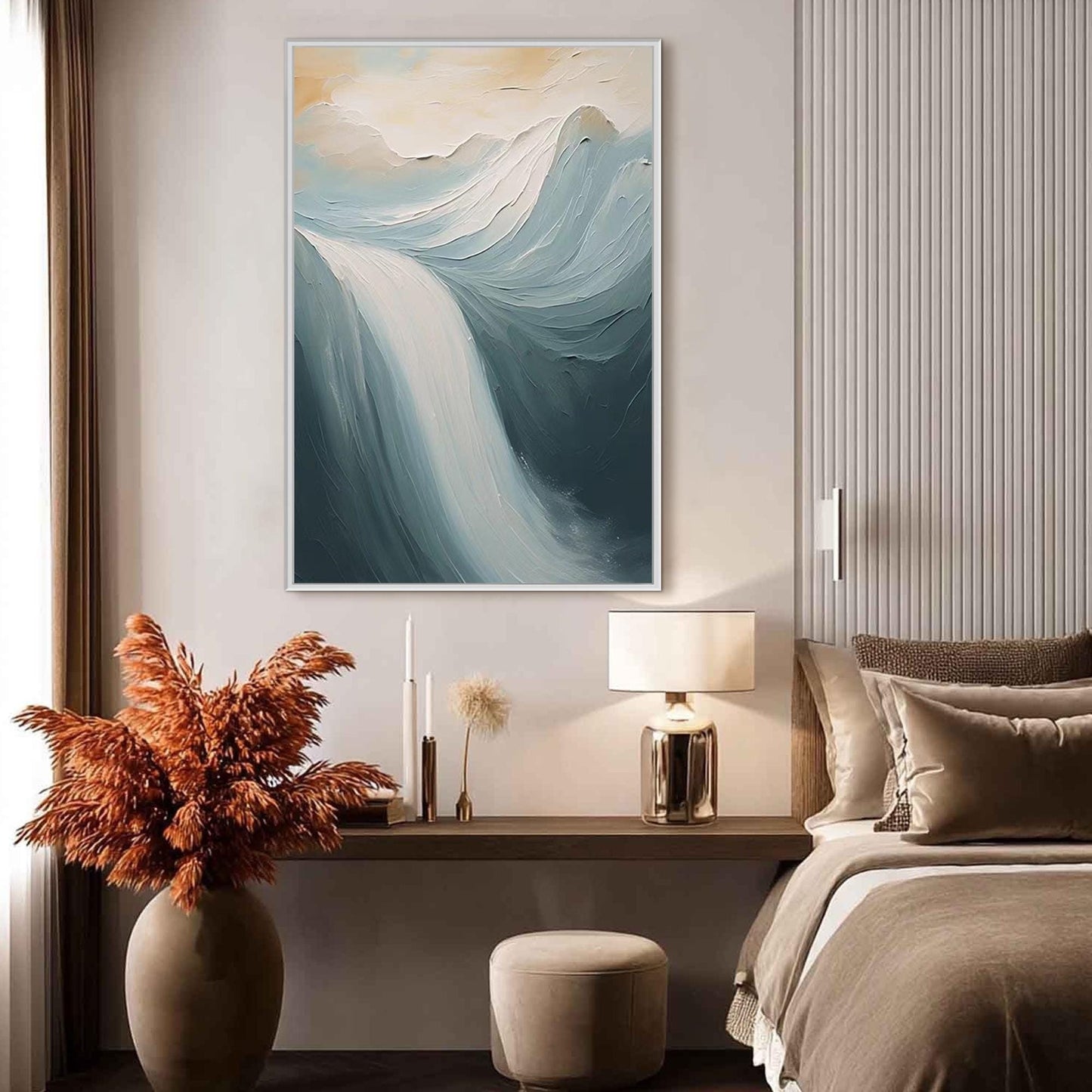 Textured Waterfall Oil Painting, Impasto Landscape Wall Art