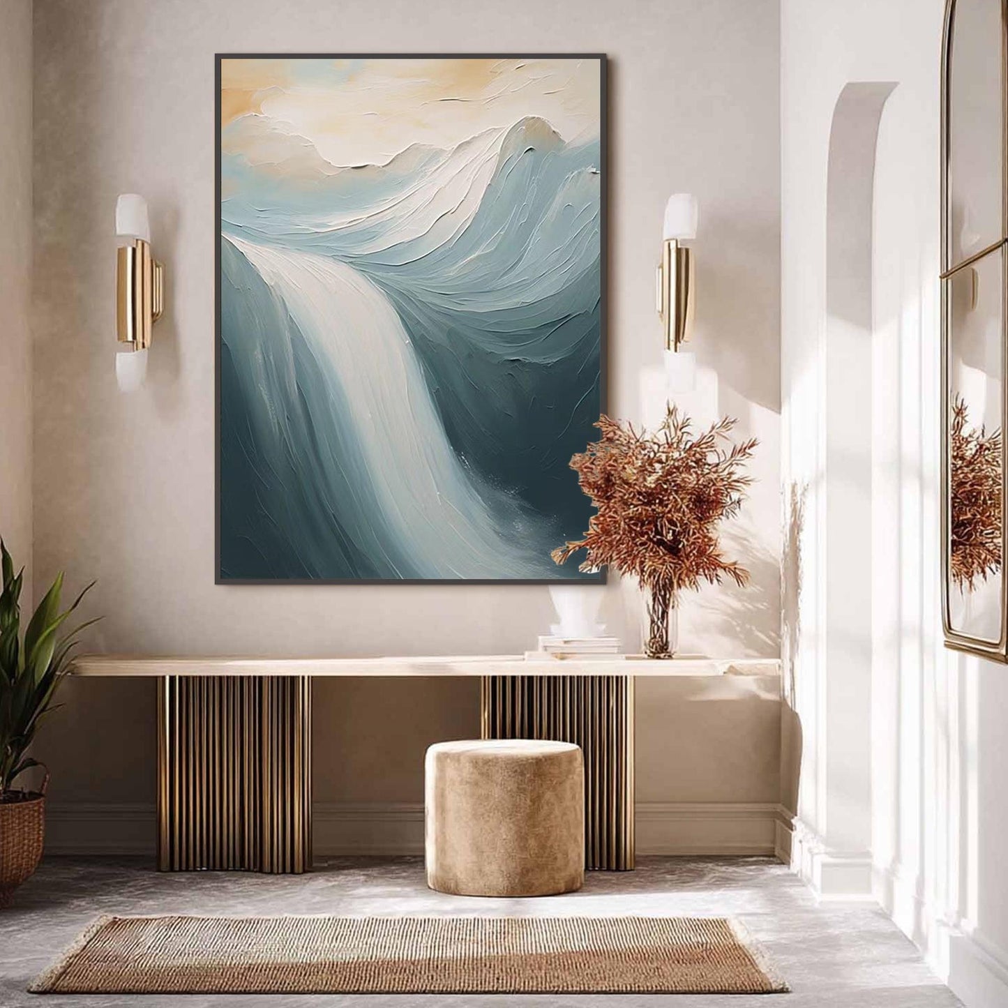 Textured Waterfall Oil Painting, Impasto Landscape Art, Blue Green Nature Decor – Blue and Green Waterfall Landscape Wall Art